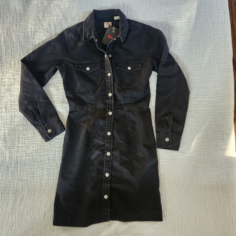 Levis Denim Mini Dress Womens Small Black NWT Long Sleeve Button Front Utility
